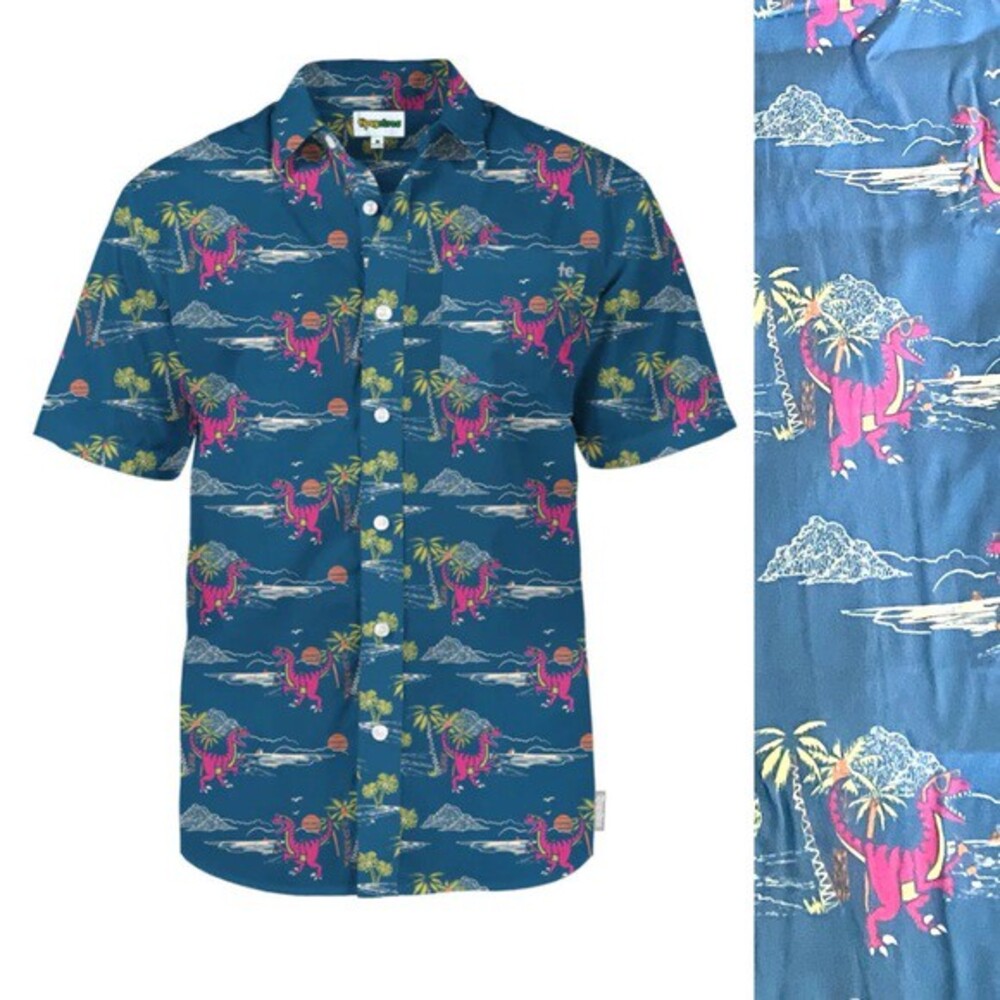 Tipsy Elves Hawaiian Shirt Mens XL Blue Button Up Pink Dinosaur Beach Party NWT